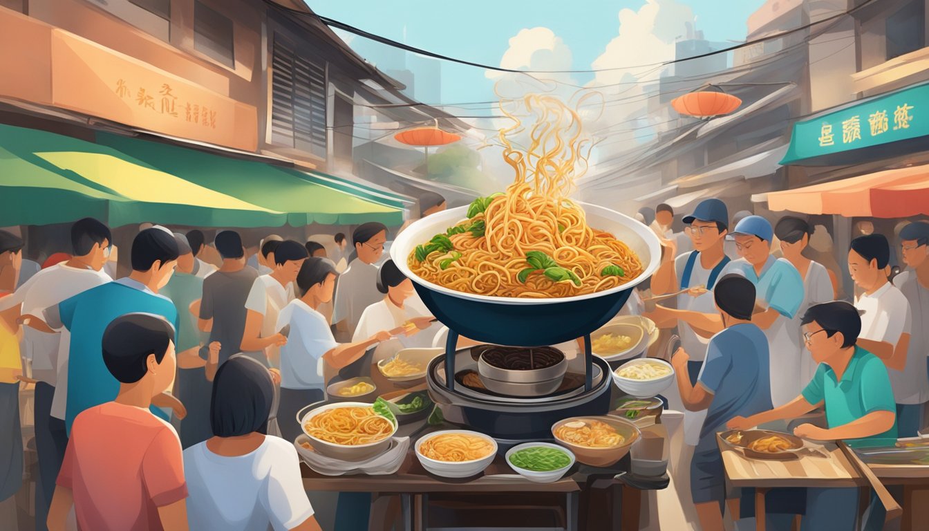 A steaming bowl of Hokkien Mee sits on a crowded hawker stall, surrounded by bustling activity and the aroma of sizzling noodles and seafood