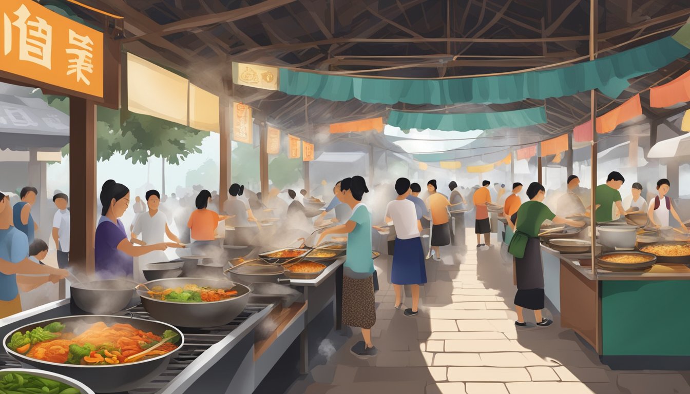 A bustling hawker center with steaming pots, sizzling woks, and a colorful array of Hokkien dishes being prepared and enjoyed by locals and tourists alike