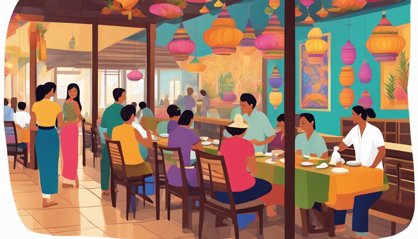Customers entering a vibrant Thai restaurant, greeted by colorful decor and the aroma of exotic spices. Waiters bustling between tables, serving steaming plates of authentic cuisine