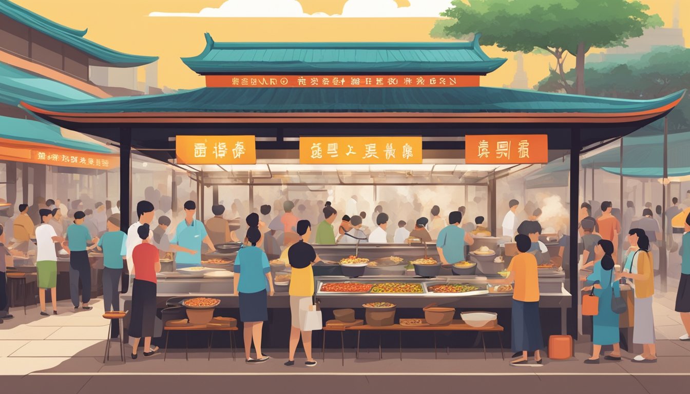 A bustling hawker center with colorful signage and aromatic steam rising from sizzling woks. Customers eagerly line up for authentic Hokkien cuisine