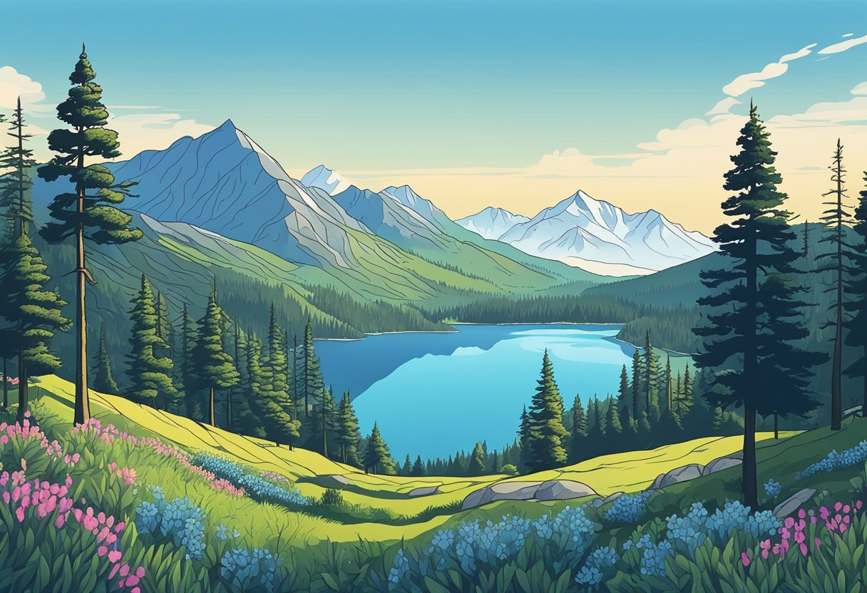 A serene mountain landscape with a clear blue sky and a peaceful lake, surrounded by vibrant wildflowers and towering pine trees