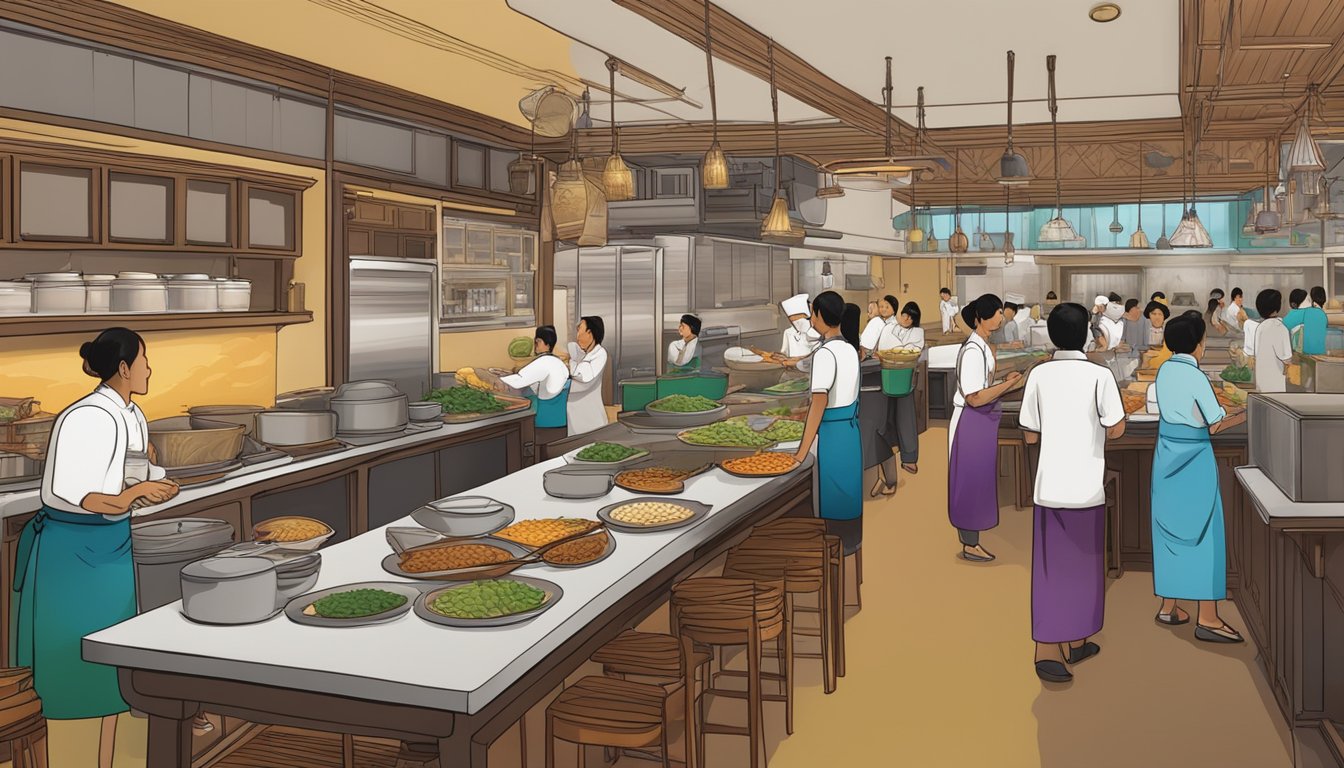 A bustling Thai restaurant with colorful decor and a line of customers waiting to be seated. A chef can be seen cooking in the open kitchen while servers move swiftly between tables