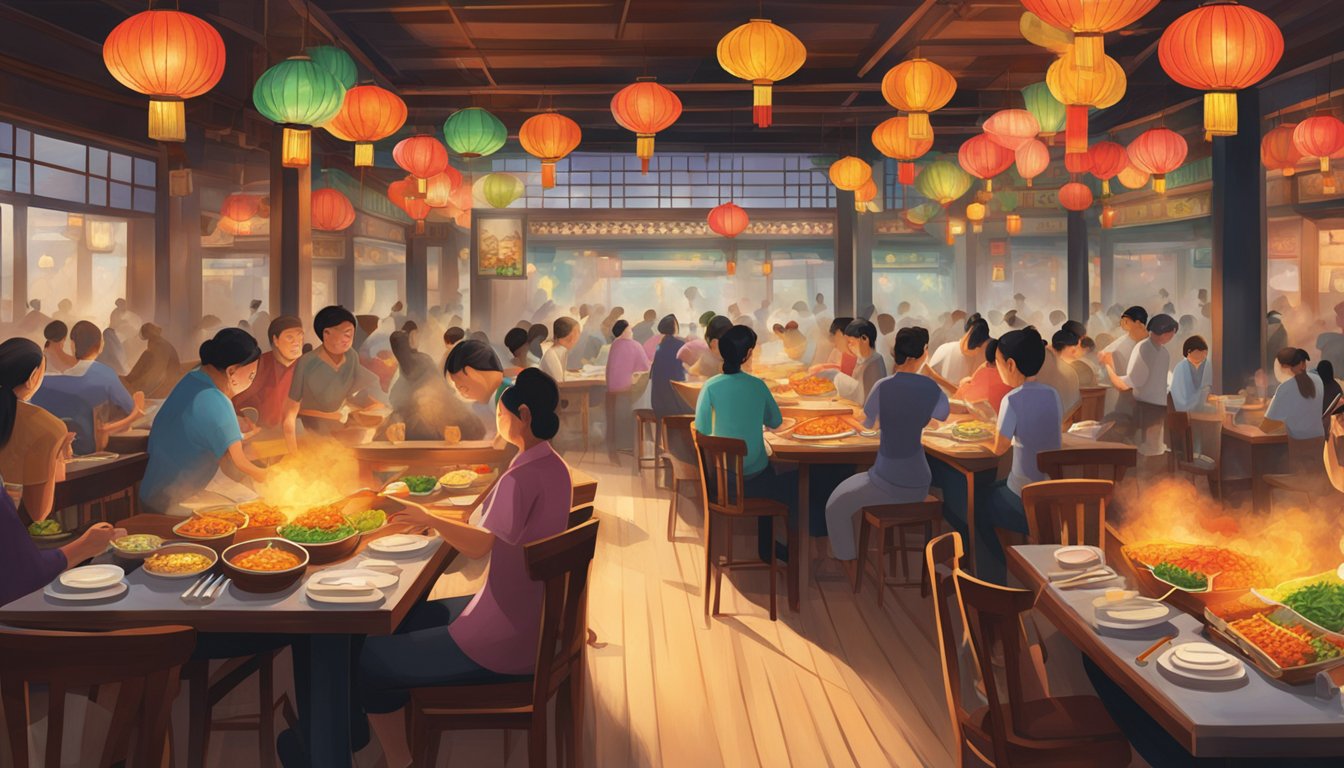 The bustling Cathay Restaurant, filled with colorful lanterns and steaming woks, exudes a lively atmosphere with the aroma of sizzling stir-fry and the clinking of chopsticks