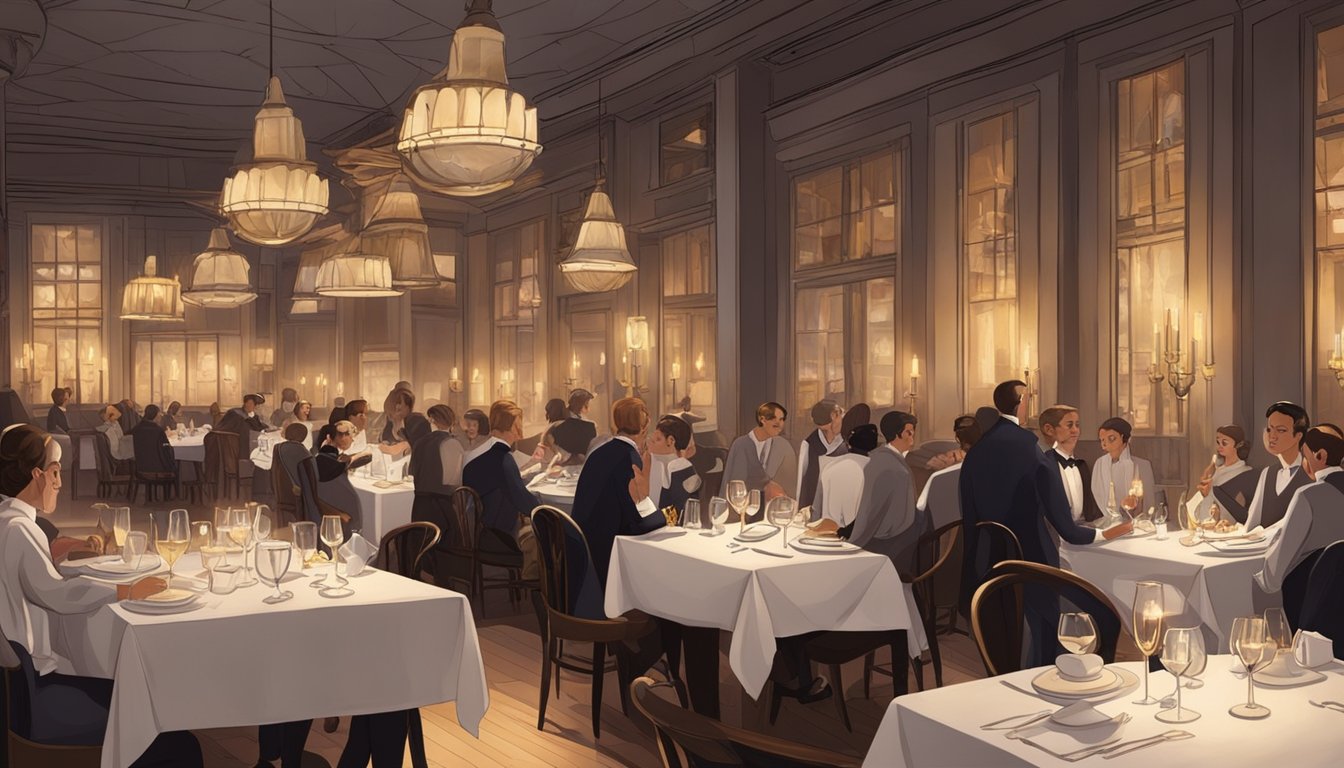 A busy restaurant with elegant decor, dim lighting, and tables adorned with white tablecloths and flickering candles. Waiters move gracefully between the tables, serving delicious dishes to the diners