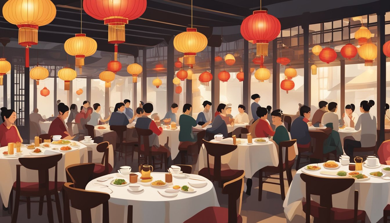 A bustling restaurant with red and gold decor, round tables, and hanging lanterns. Customers enjoy dim sum and tea while servers bustle about