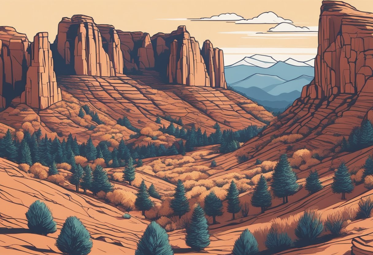 A mountain landscape with Utah's famous red rock formations, pine trees, and a clear blue sky