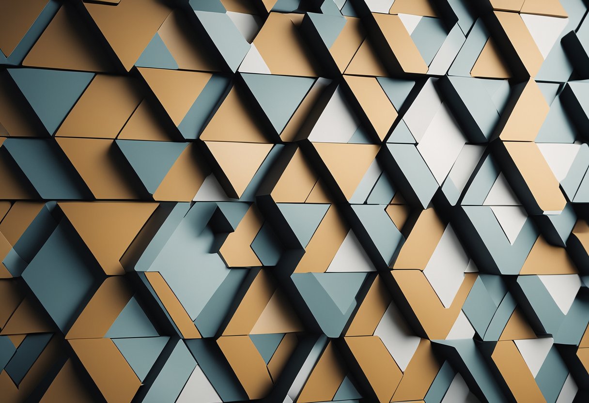 The office wall is adorned with geometric patterns in muted tones, accented by sleek shelving and minimalist artwork
