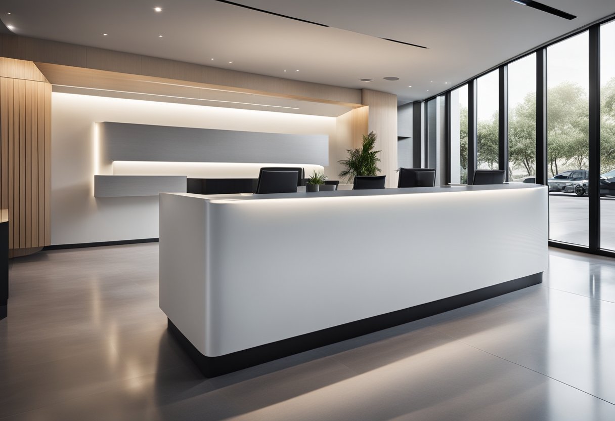 A sleek, modern reception counter with a clean, minimalist design. Sleek lines, a polished surface, and integrated lighting create a professional and welcoming atmosphere