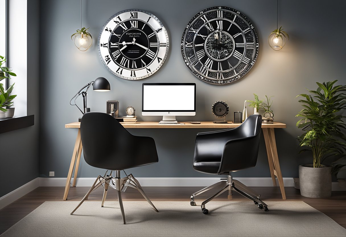 A sleek, modern home office wall with floating shelves, a large desk, and a comfortable chair. The wall is adorned with motivational quotes, vibrant artwork, and a large clock
