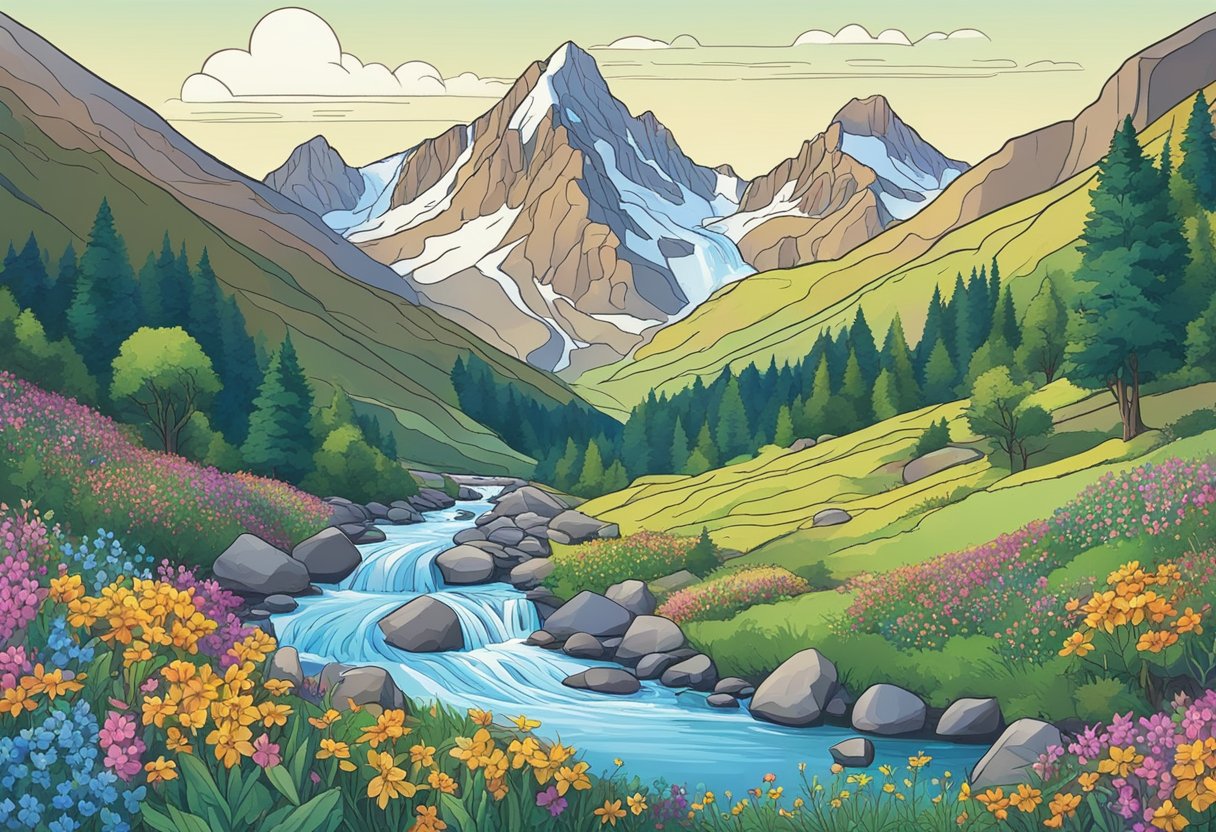 A serene mountain landscape with a clear blue sky, surrounded by colorful wildflowers and a flowing stream