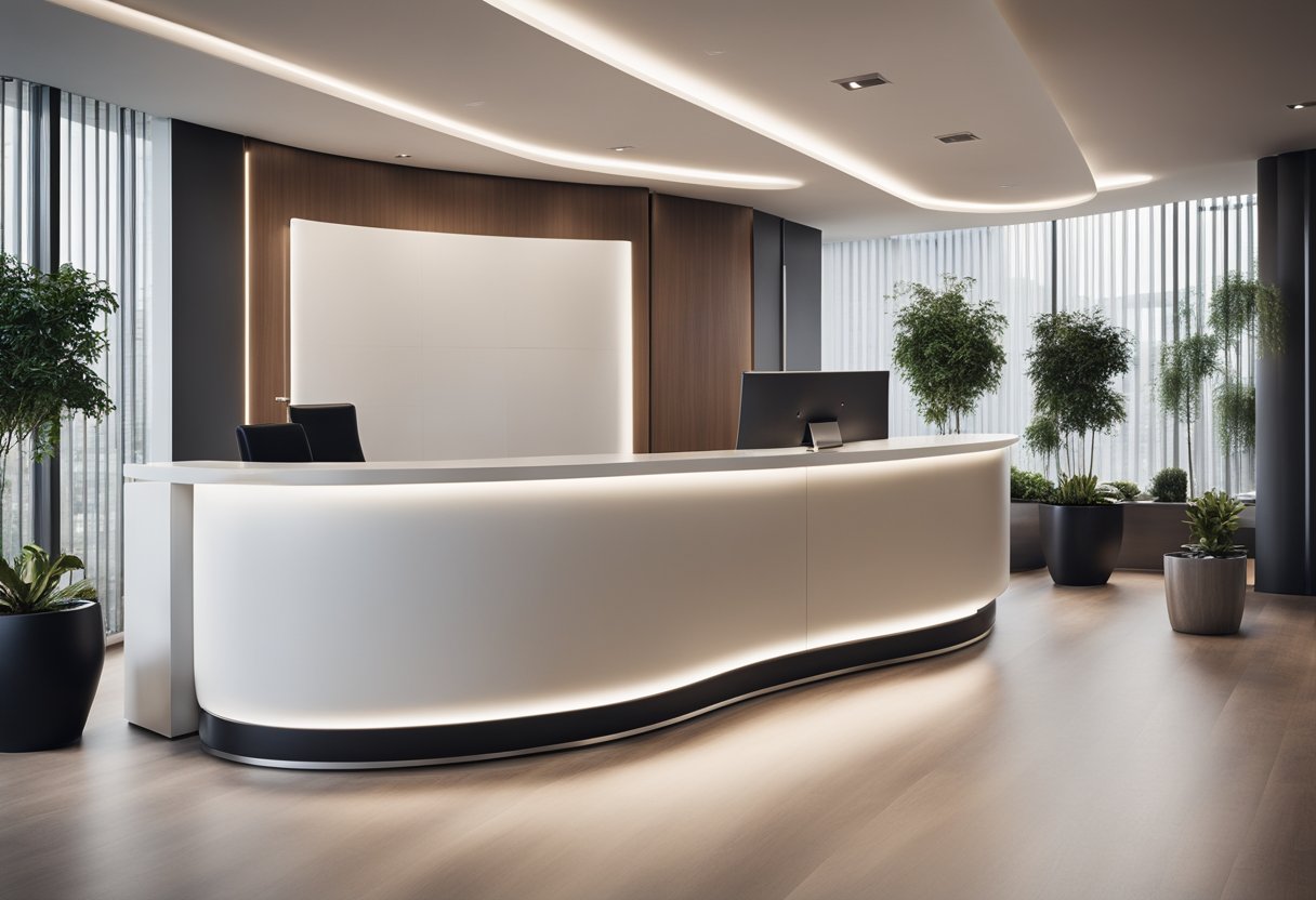 A sleek, modern reception desk with clean lines and a minimalist design, featuring a large, curved counter space and integrated storage compartments