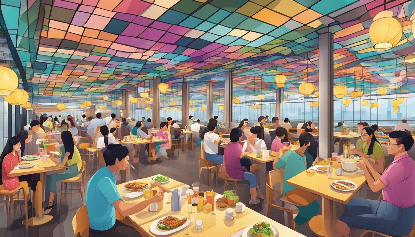 Colorful restaurants line the bustling Changi Terminal 4, with diverse cuisines and vibrant decor. Customers enjoy their meals in a lively atmosphere