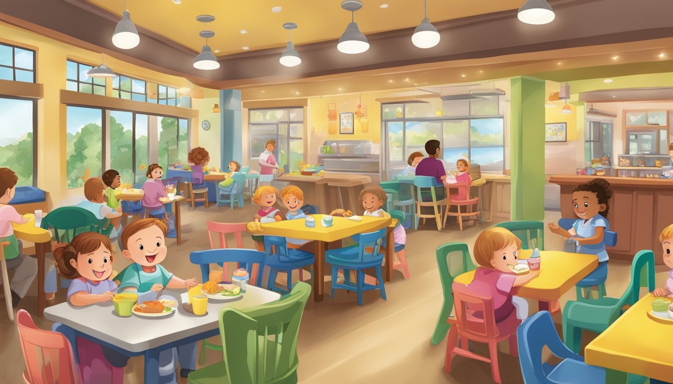A bustling restaurant with high chairs, colorful decor, and a designated play area for infants and toddlers. Families enjoy meals while babies happily play and interact in a safe and welcoming environment