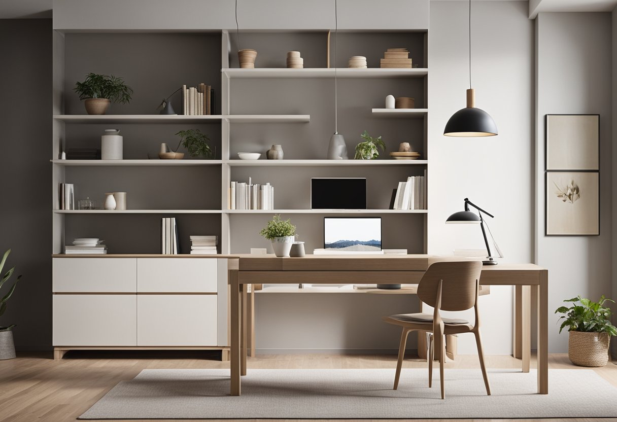 A clean, uncluttered space with neutral colors and simple furniture. Open shelves and hidden storage maximize space. Natural light floods the room, highlighting the minimalist design