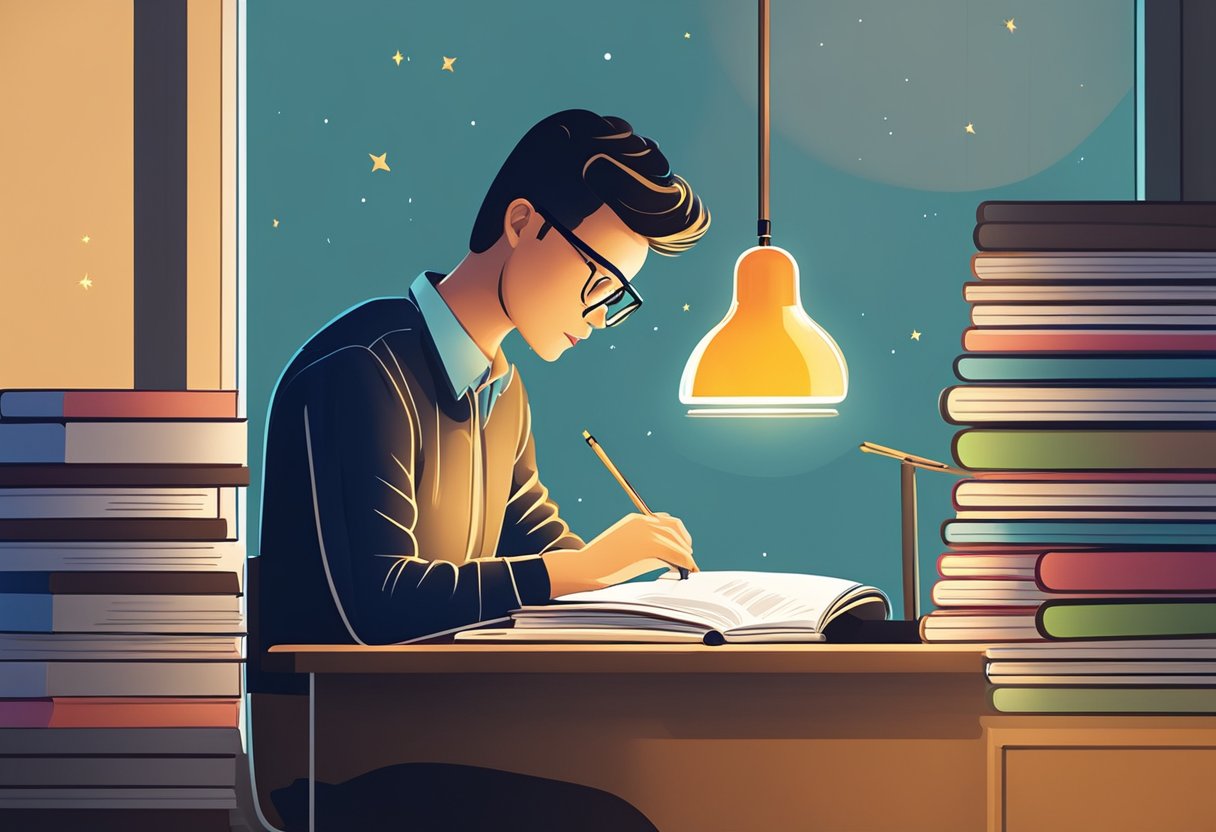 A person studying at a desk surrounded by books, with a glowing light bulb overhead representing the impact of continuous learning on personal fulfilment