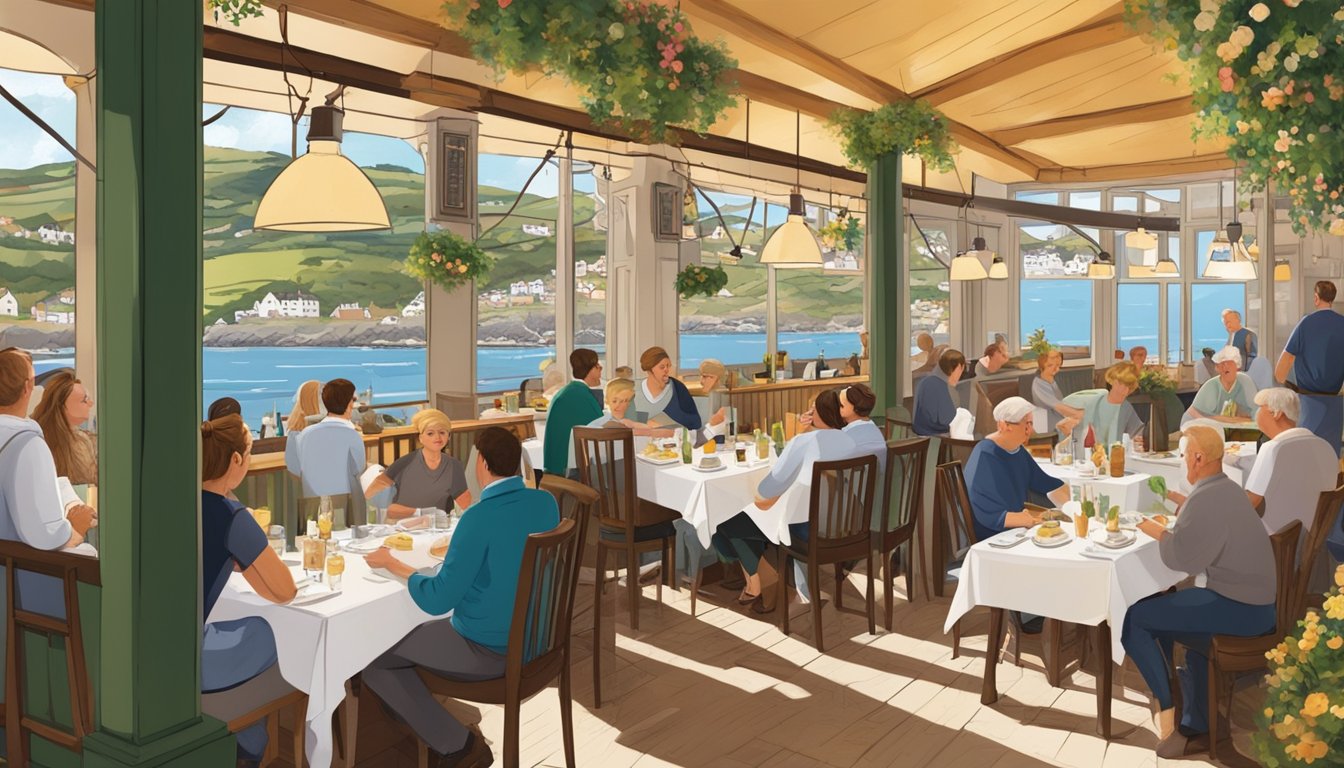 A bustling restaurant scene in Clovelly, with patrons dining and servers attending to tables, creating a lively and welcoming atmosphere