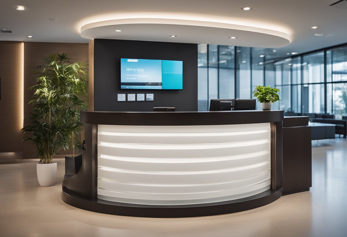 A sleek and modern reception counter with a large digital display showcasing FAQs, a comfortable waiting area, and a friendly receptionist ready to assist