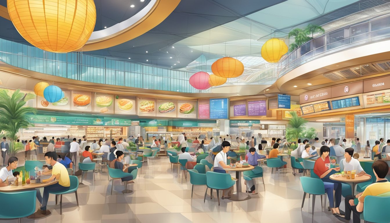 A bustling food court with a variety of international cuisines and colorful signage at Changi Terminal 4