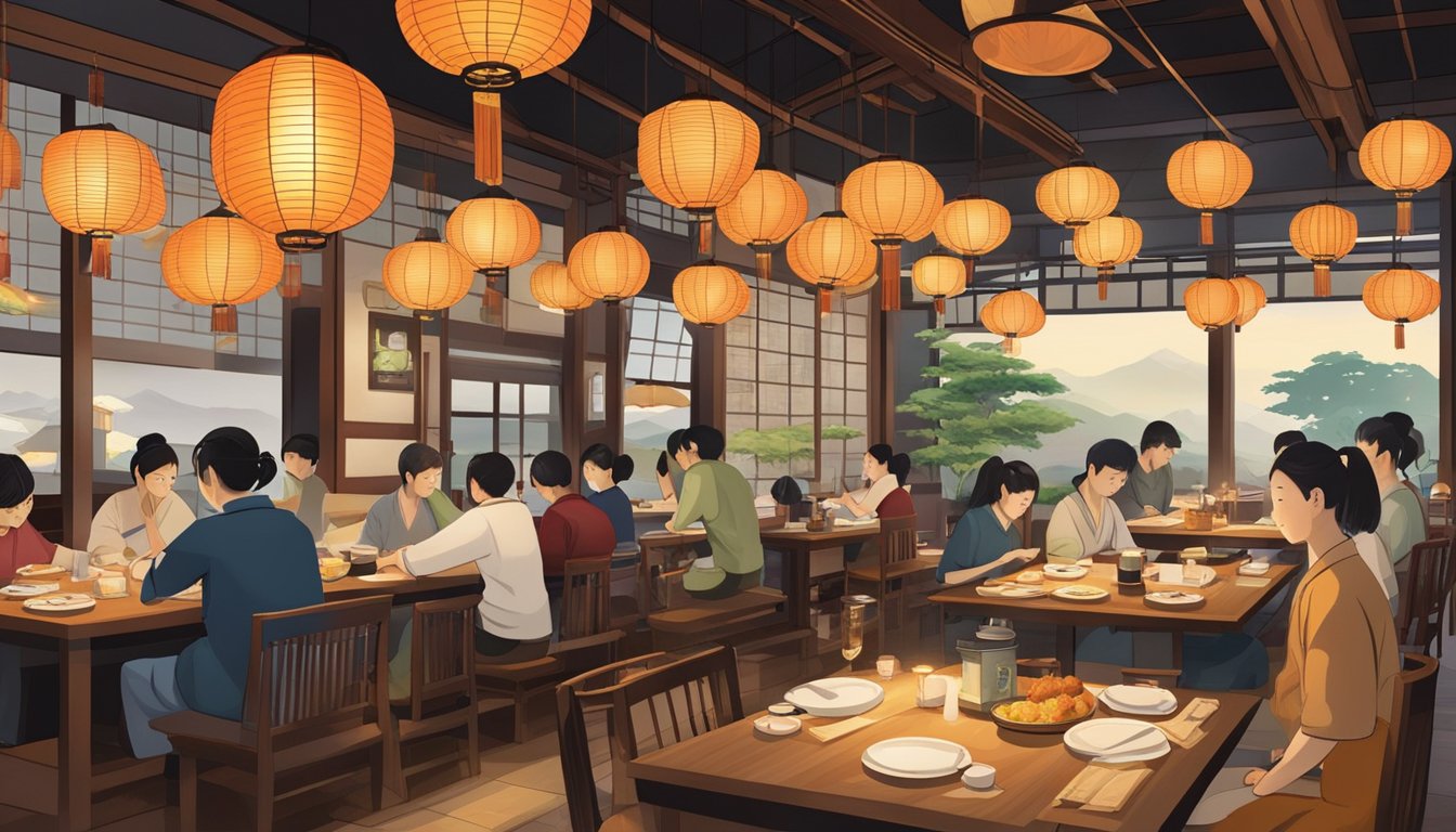 A bustling Japanese restaurant with traditional decor, low tables, and paper lanterns hanging from the ceiling. The smell of sizzling tempura and the sound of sizzling teppanyaki fill the air