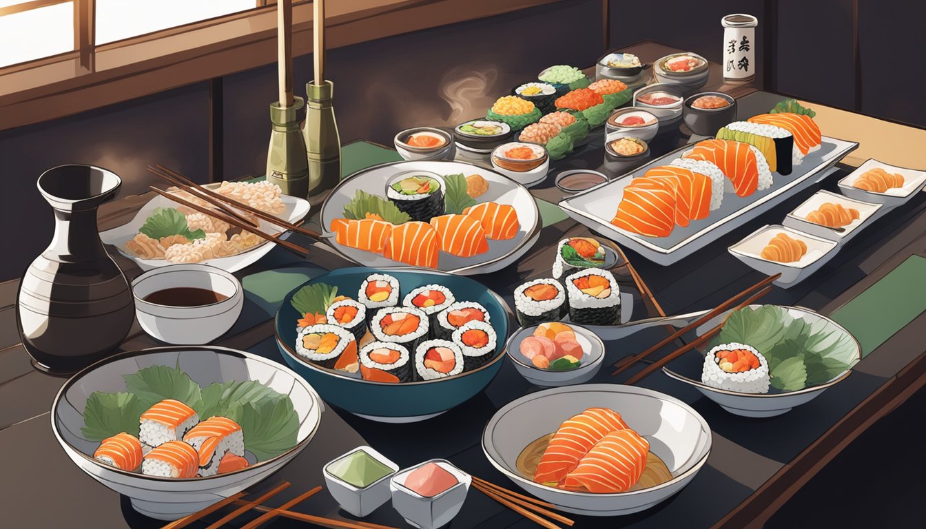 A table set with colorful sushi rolls, sashimi, and steaming bowls of ramen at Kinsahi Japanese restaurant. Sake bottles and elegant chopsticks complete the scene