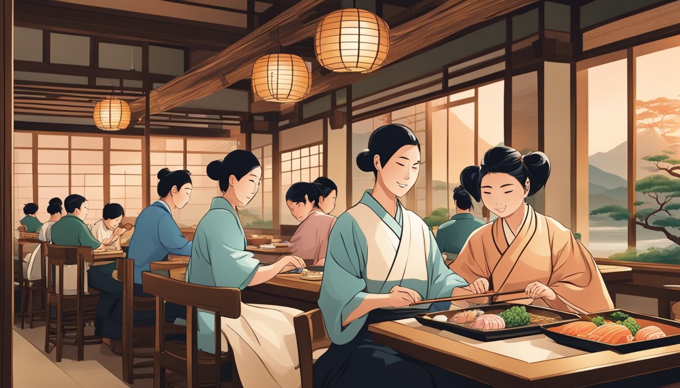 Customers enjoy a traditional Japanese meal at Kinsahi restaurant, surrounded by elegant decor and soft lighting. Sushi chefs skillfully prepare fresh fish behind the bar