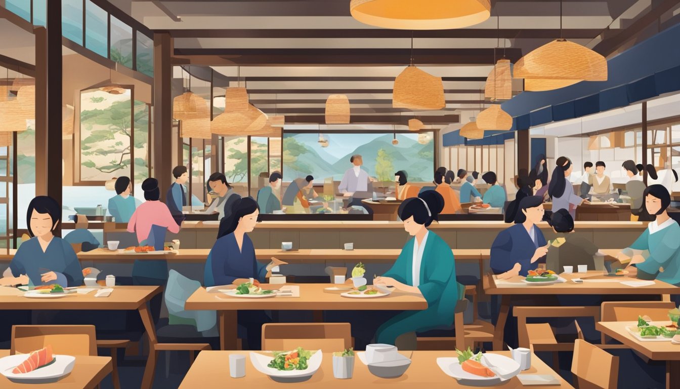 A bustling Japanese restaurant with a sleek, modern interior. Customers are seated at wooden tables, enjoying their meals. The sushi bar is busy with chefs skillfully preparing fresh, colorful dishes