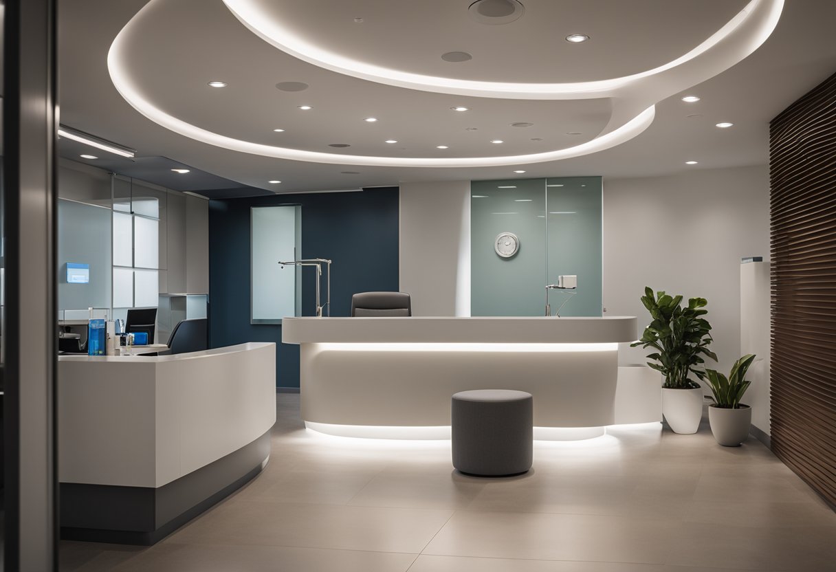 A sleek, modern plastic surgery office with clean lines, minimalistic furniture, and soft, indirect lighting. The reception area features a contemporary desk and comfortable seating for waiting patients