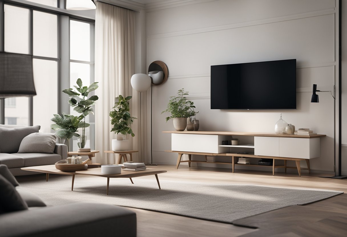 A clean, modern living room with simple furniture and neutral colors. A wall-mounted TV and open shelving for storage. Minimalist decor and plenty of natural light