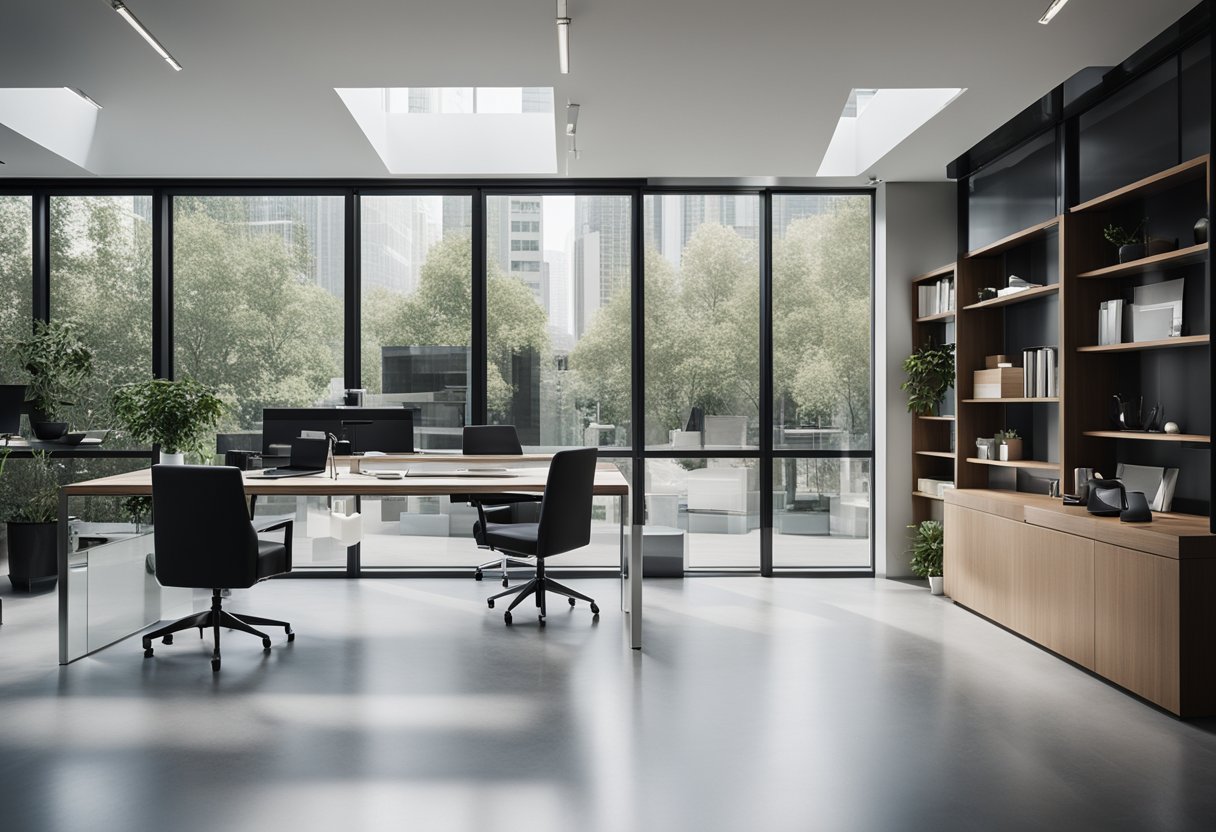 A modern, minimalist architect office with sleek furniture, large windows, and a clutter-free workspace