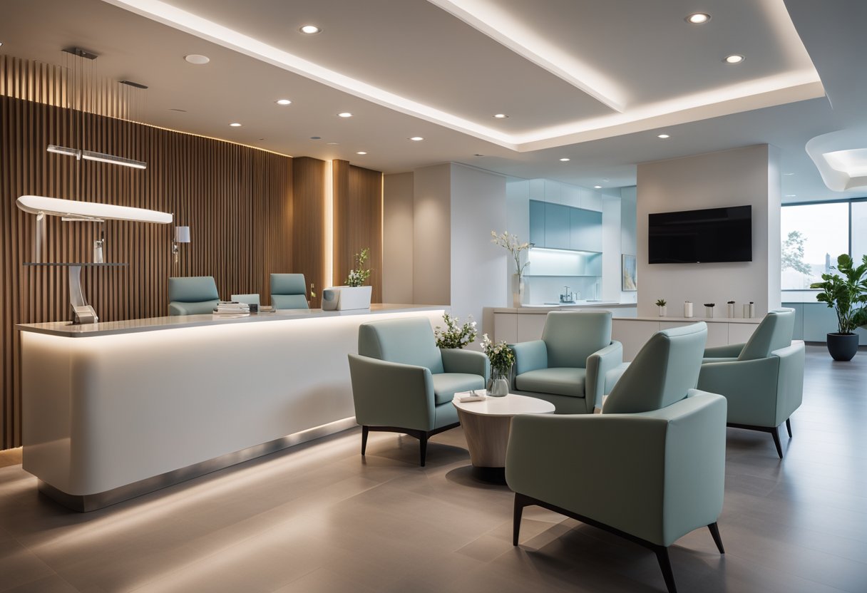 A modern plastic surgery clinic with sleek, minimalist furniture, soft lighting, and a calming color palette. The reception area features a welcoming desk and comfortable seating for patients