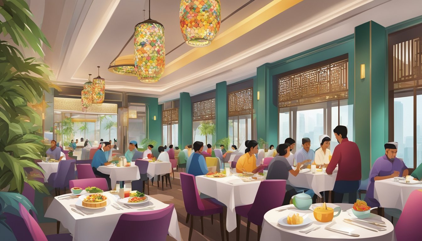 A bustling halal hotel restaurant in Singapore with colorful decor and aromatic dishes being served to satisfied customers