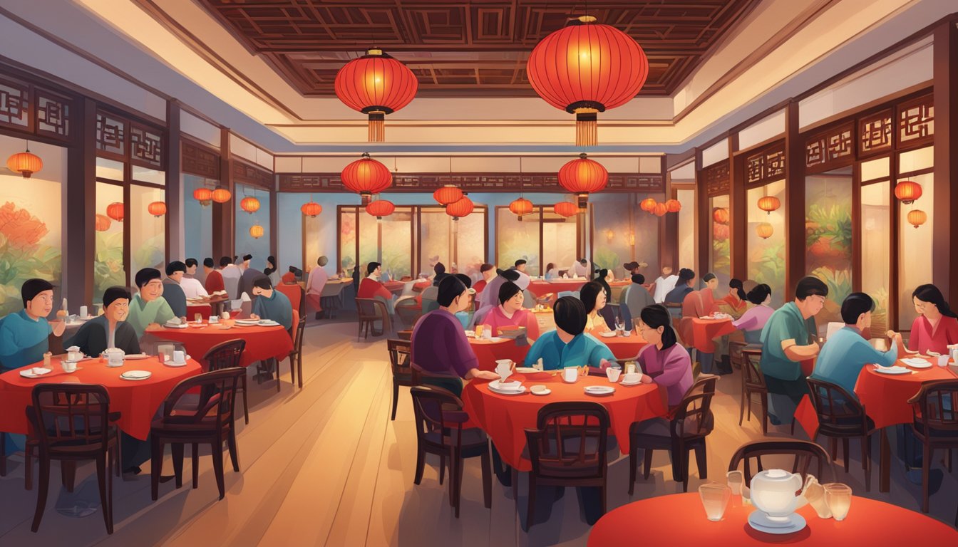 A bustling Chinese restaurant in a hotel, filled with round tables, red lanterns, and the aroma of sizzling woks