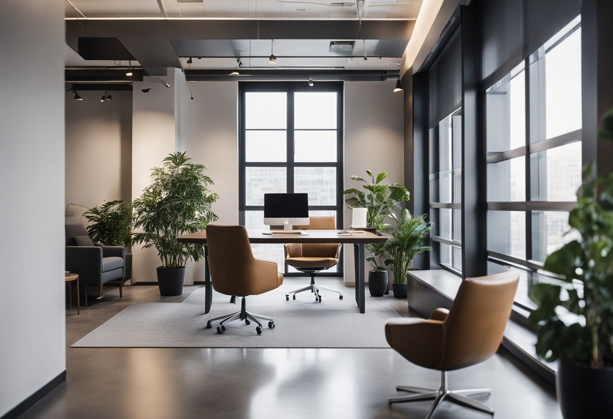 A cozy, modern architect office with sleek furniture, large windows, and a minimalist color palette. A reception area with a stylish desk and comfortable seating