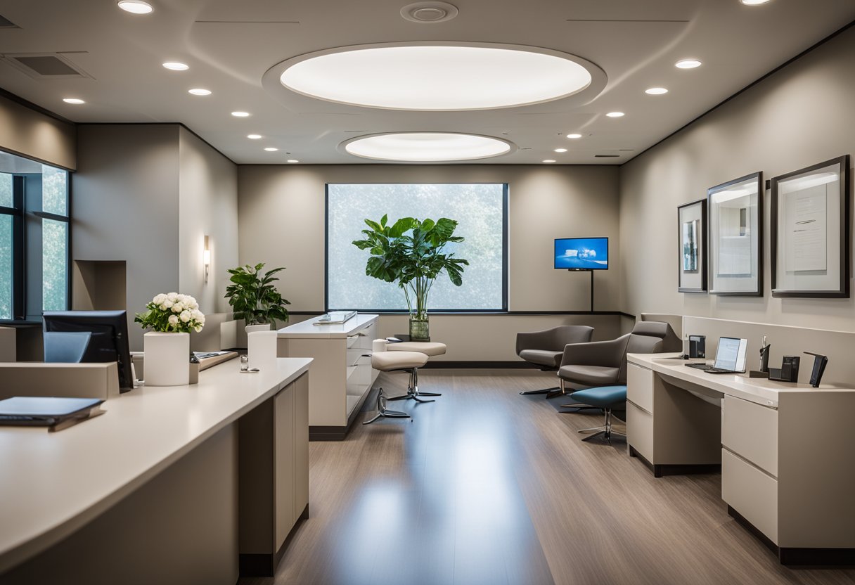 The plastic surgery office features modern, sleek design with ample natural light, comfortable waiting areas, and private consultation rooms