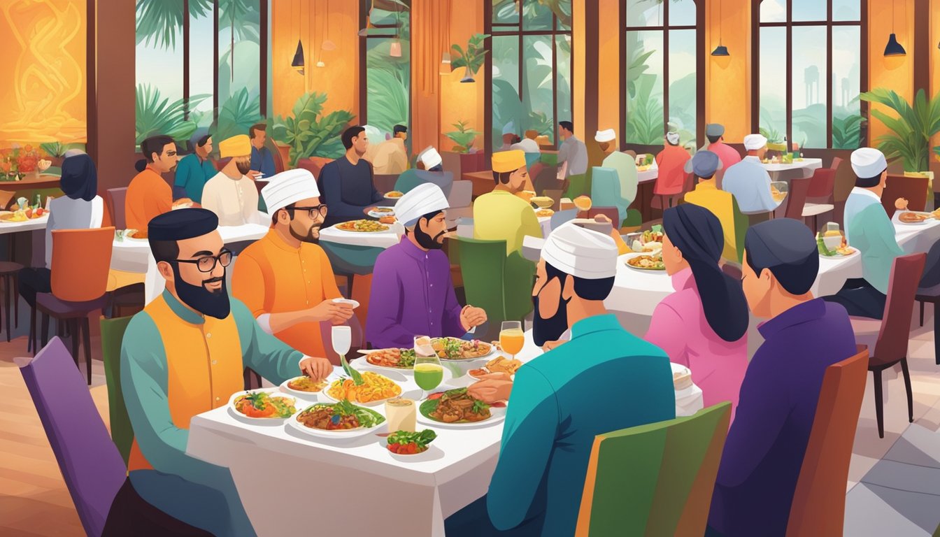 Guests savoring diverse halal dishes at a vibrant hotel restaurant in Singapore, surrounded by colorful decor and aromatic flavors