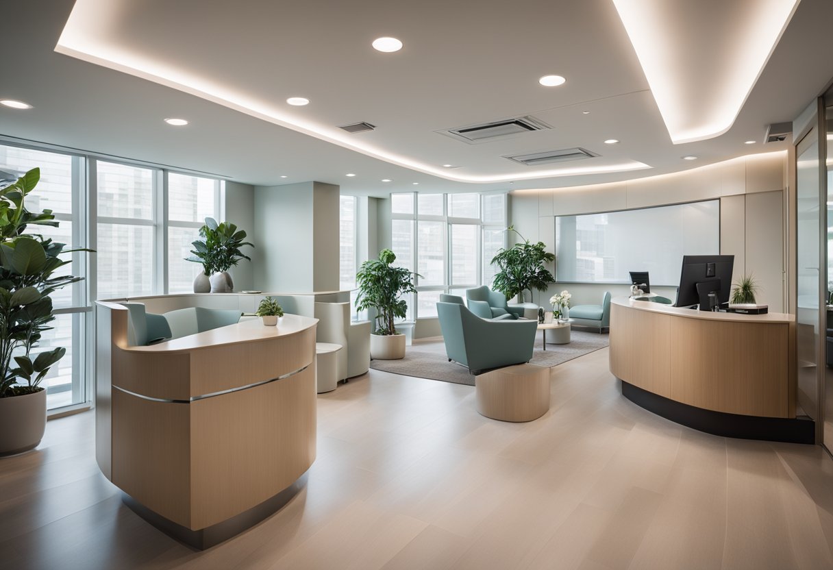 A modern, sleek plastic surgery office with minimalist decor, comfortable seating, and a reception desk. Bright, natural lighting and a calming color scheme create a welcoming atmosphere