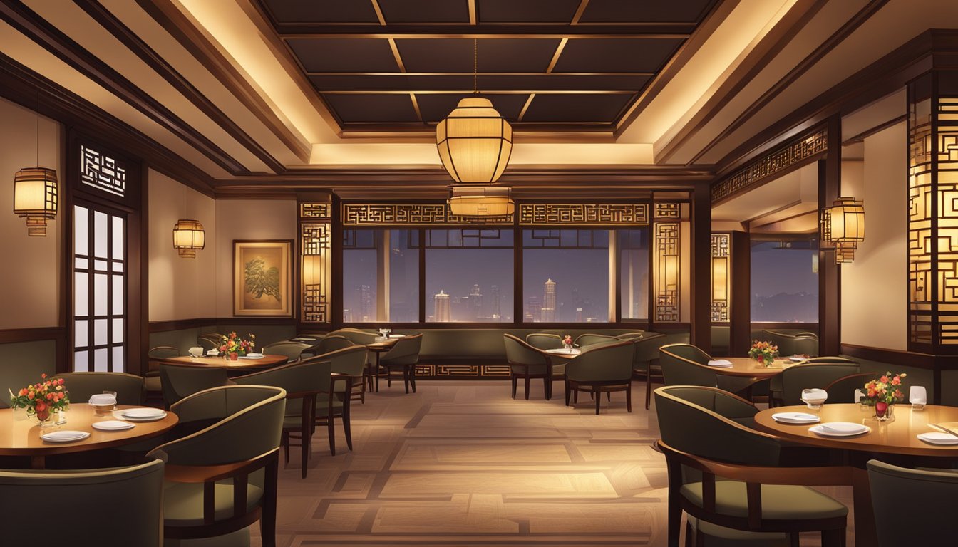 The elegant Chinese restaurant in the hotel exudes a warm and inviting ambience, with dim lighting, traditional decor, and a variety of dining options