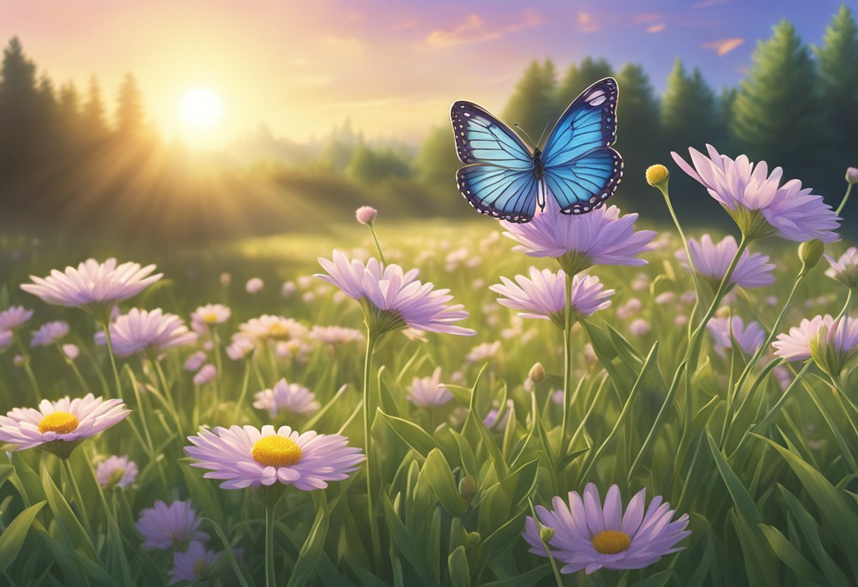 A glowing sunrise over a tranquil meadow, with a delicate butterfly landing on a blooming flower