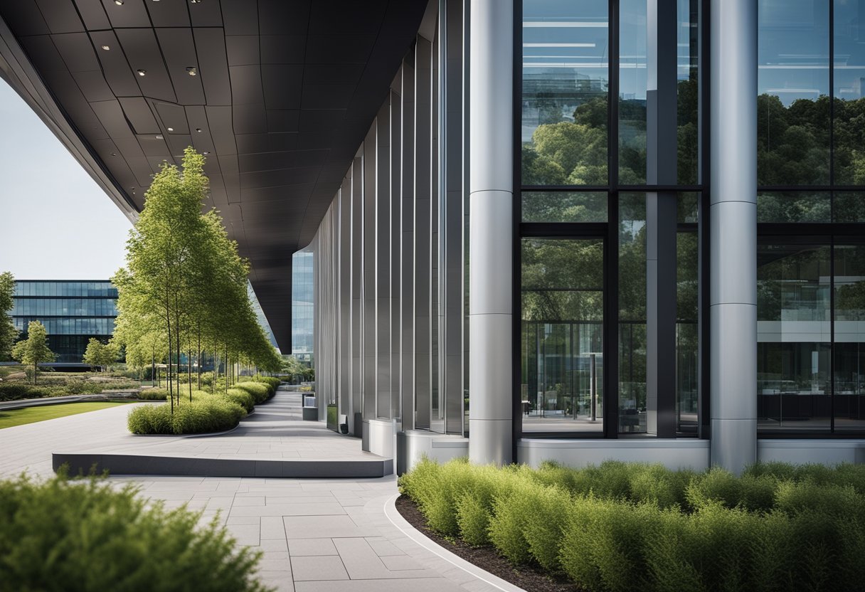 A modern office building with sleek glass façade and metallic accents, surrounded by landscaped greenery and a spacious parking lot