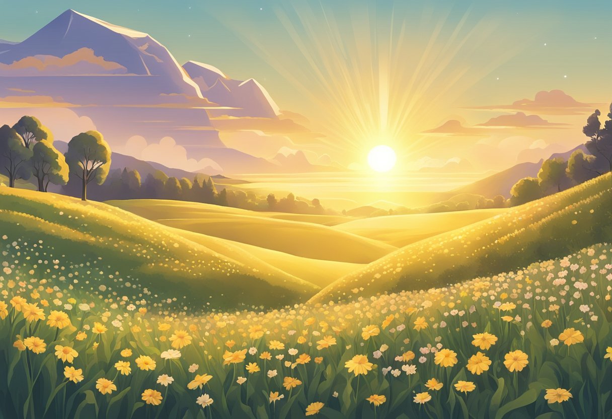 A glowing, golden sunrise over a tranquil meadow with a delicate, blooming flower representing hope