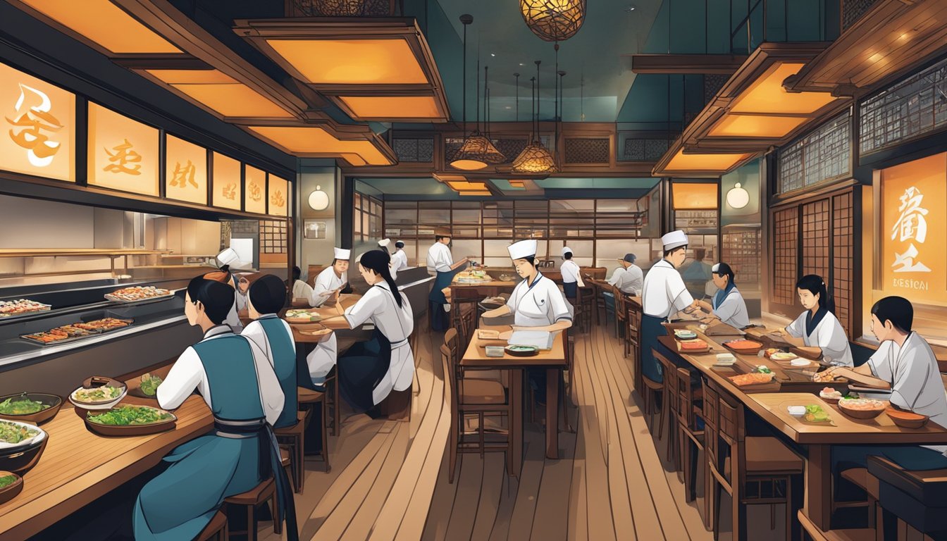A bustling Japanese restaurant at Bugis Junction, with chefs skillfully preparing sushi and sizzling teppanyaki dishes amidst a vibrant and lively atmosphere