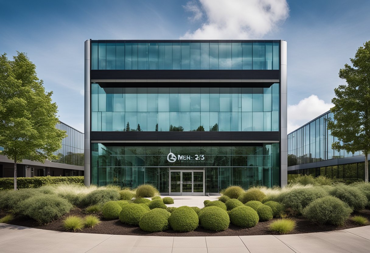 The office exterior features modern glass facade, sleek metal accents, and lush landscaping. A prominent sign displays the company name