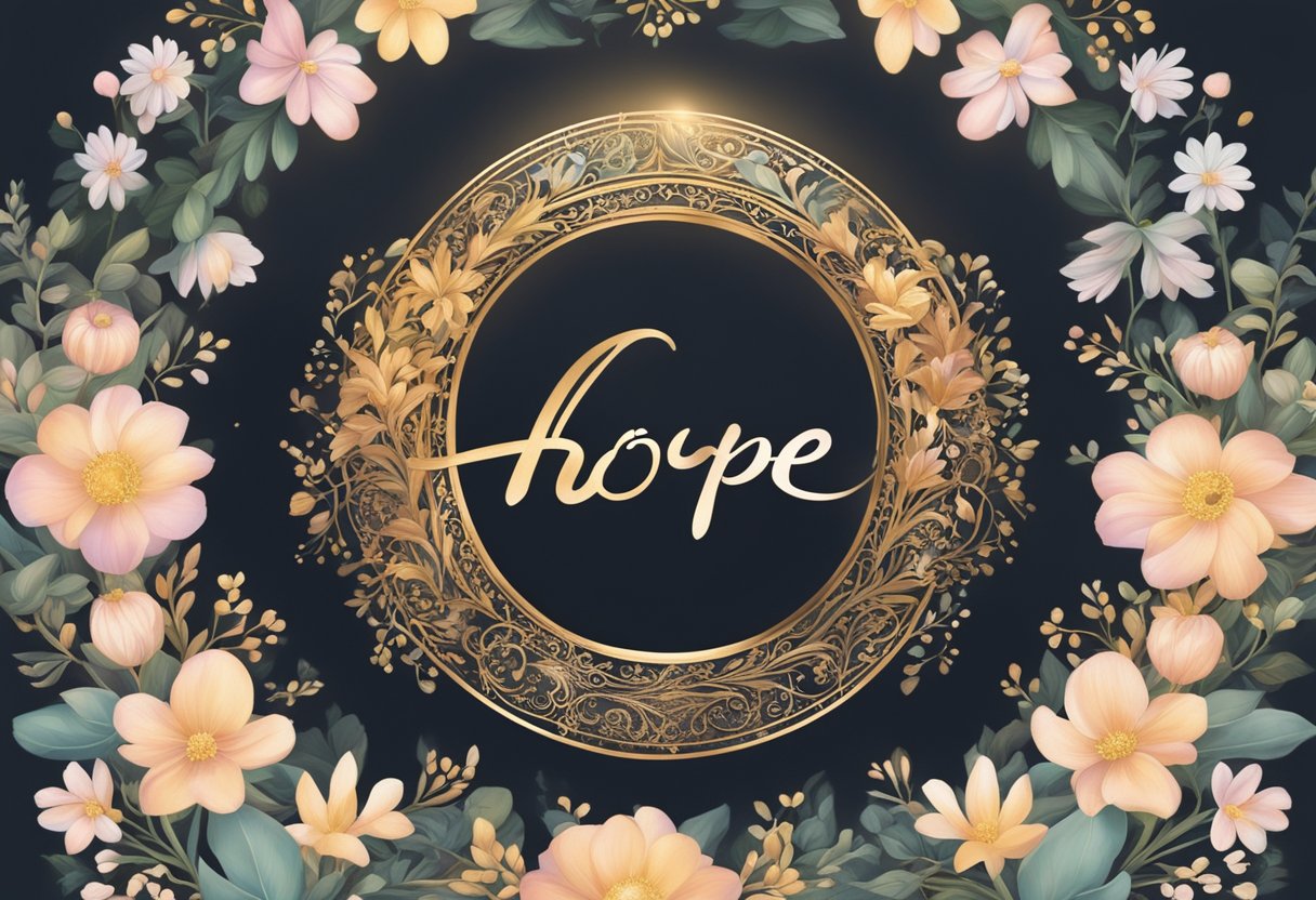 A glowing, golden halo encircles the word "Hope" in elegant script, surrounded by delicate floral designs and soft pastel colors