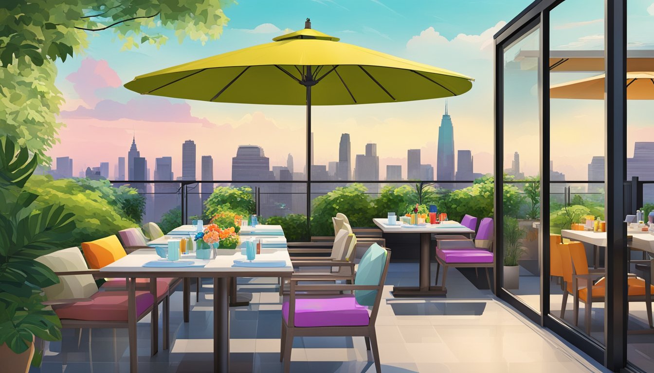Vibrant outdoor dining area with colorful umbrellas, lush greenery, and modern furniture overlooking the city skyline