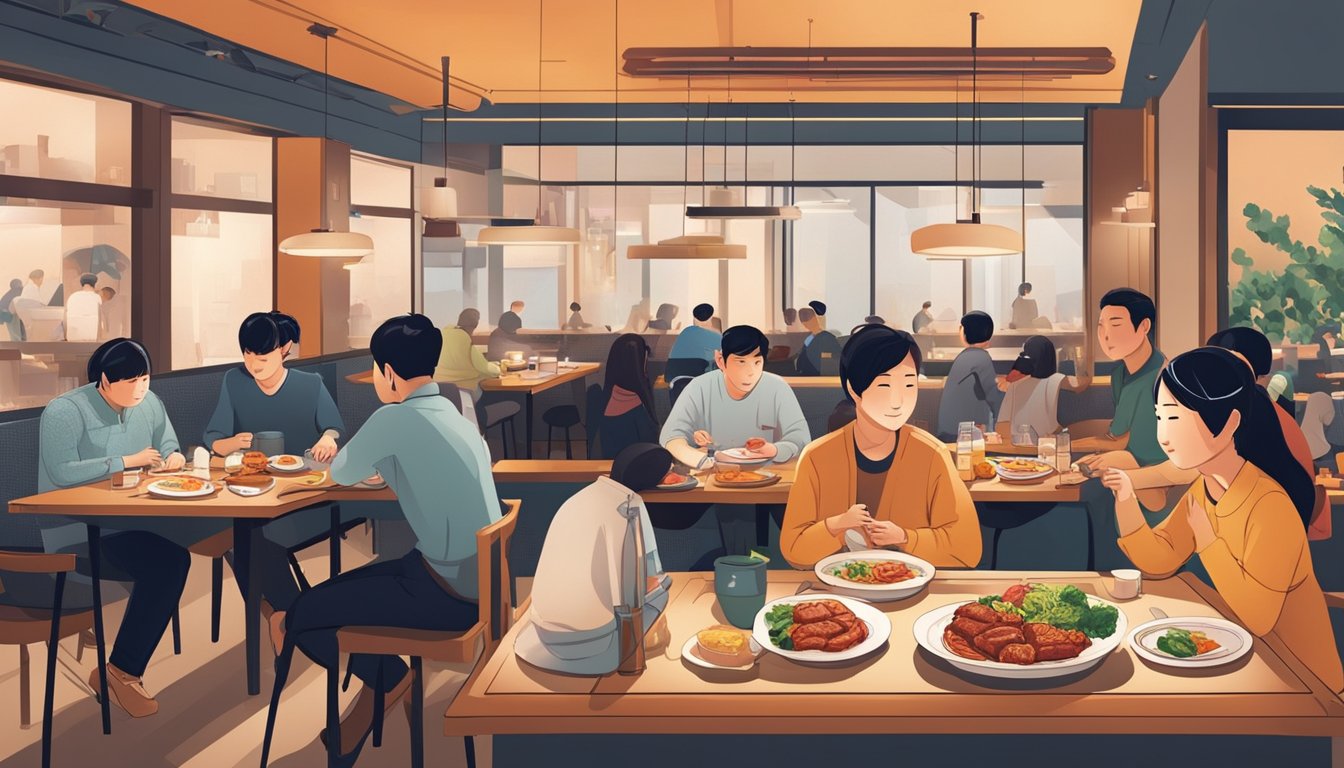 Customers sit at tables in a modern Korean restaurant, chatting and enjoying their meals. The space is filled with the aroma of sizzling meats and spicy kimchi, while the staff bustle around, attending to the needs of the diners