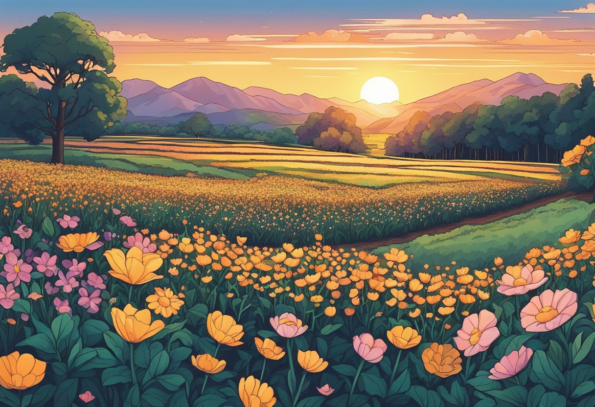 A glowing sunrise over a field of blooming flowers, symbolizing new beginnings and optimism