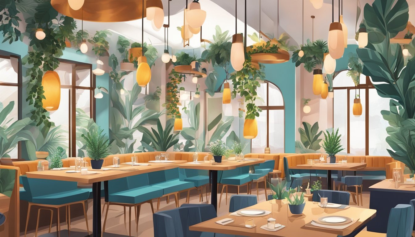 A vibrant, modern restaurant with colorful murals, hanging plants, and trendy decor. Tables are set with stylish tableware and unique lighting fixtures create a cozy ambiance