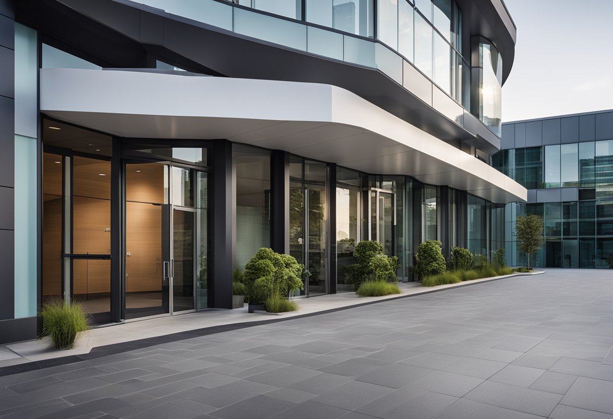 The modern office exterior features sleek, accessible ramps and automated doors for enhanced functionality and inclusivity