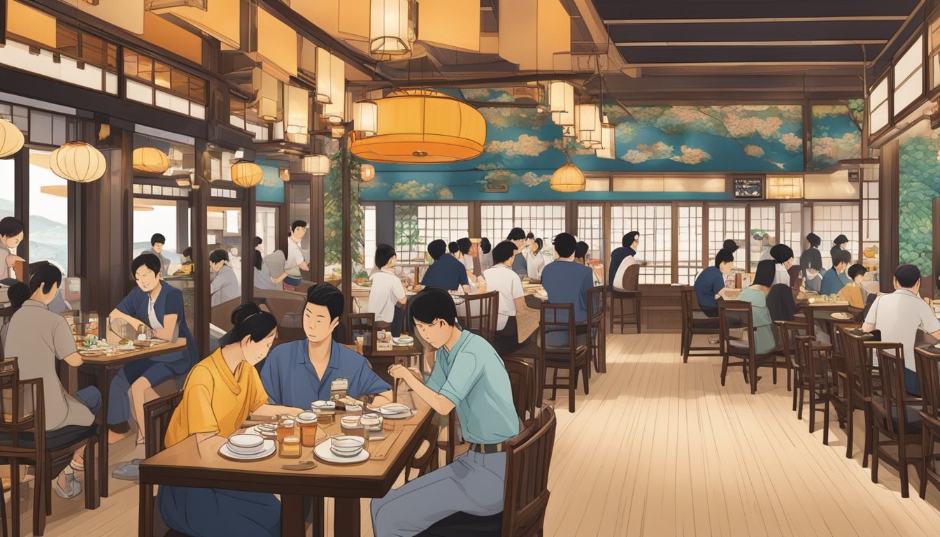 A crowded Japanese restaurant at Bugis Junction, with people dining and servers bustling around. The interior is decorated with traditional Japanese elements and the atmosphere is lively