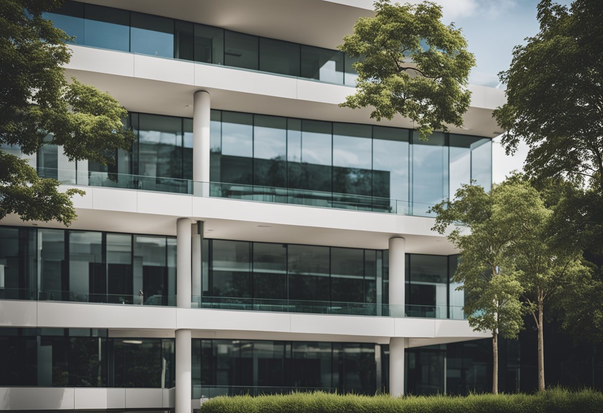A modern office building with a sleek, glass exterior and a prominent "Frequently Asked Questions" sign. Surrounding landscaping is minimal and clean